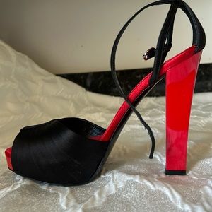 RALPH LAUREN KAIRA RED & BLACK SATIN SHOES HEELS SIZE 8B